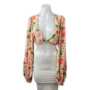 Princess Polly Coral Floral Long Sleeve Deep V Neck Plunge Blouse Crop Top Sz 6